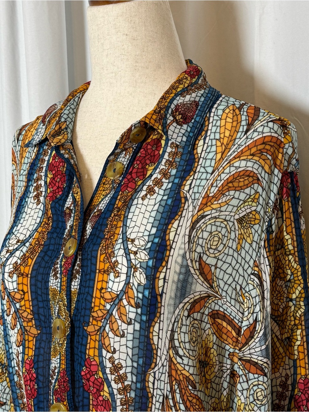 Farm Rio Mosaic Garden Mini Dress Belted Button Front Floral Boho Small - Picture 10 of 16